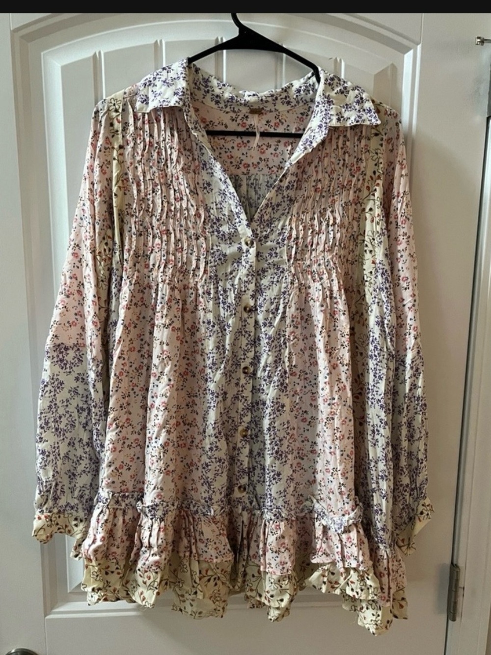 Free People LOST IN YOU Cream Mini Dress/tunic with Pink and Purple Floral Print